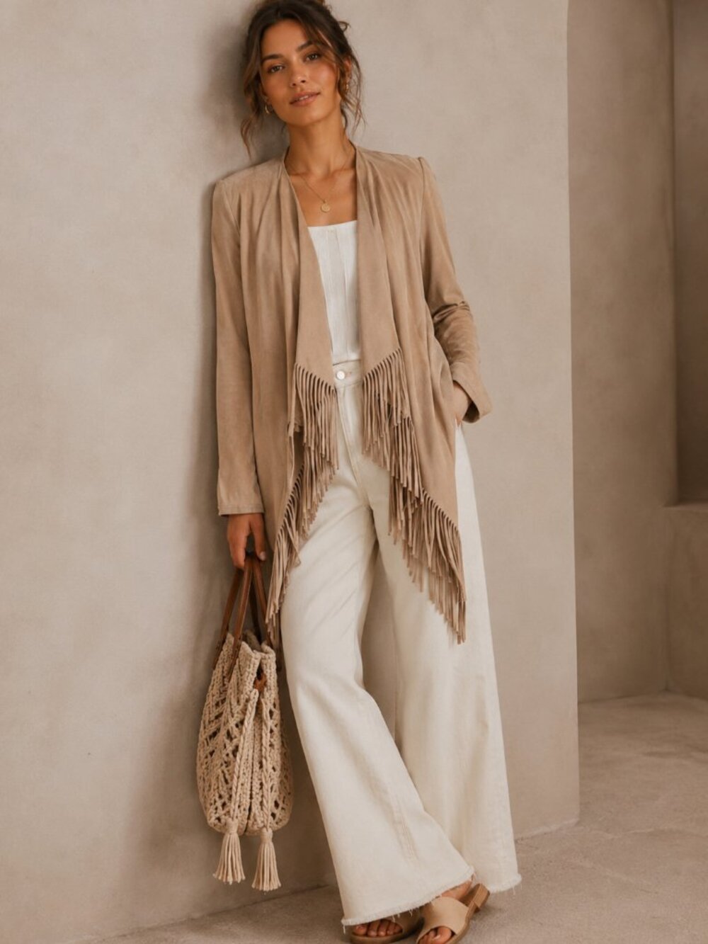 Anne French Relazed Cozy Open-Front Fringe Cardigan in Beige Women size M
